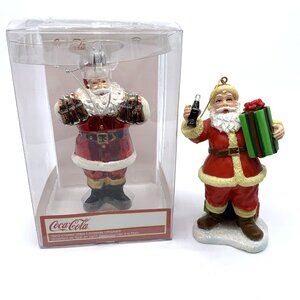 2 Coca-Cola Kurt Adler Santa Christmas Ornaments 4.5" Tall Resin & Glass Vintage